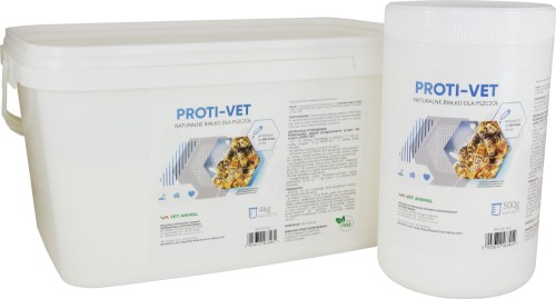 Proti-Vet naturalne białko dla pszczół w białym, plastikowym opakowaniu. Na produkcie etykieta informacyjna oraz zdjęcie pszczół.