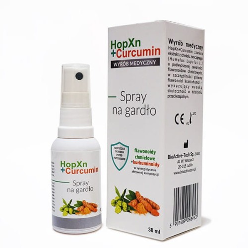 Zdjęcie przedstawia wyrób medyczny HopXn-Curcumin o pojemności 30ml. Zaprezentowane zostało kartonowe opakowanie oraz buteleczka z preparatem w kolorze białym z informacjami na opakowaniu.