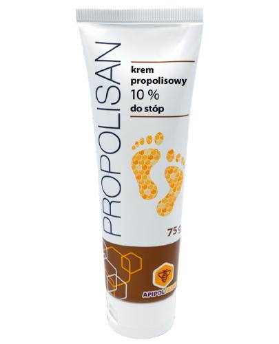 Propolisan - krem do stóp 10% propolisu. Krem jest w plastikowej tubce w kolorze białym z brązowym paskiem ku dołowi. Na opakowaniu są zdjęcia informacyjne oraz grafika stóp.