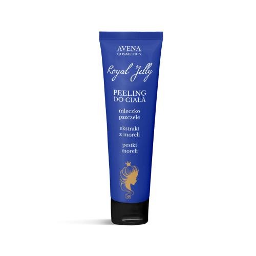 Royal Jelly Peeling do Ciała 125 g. Niebieska tubka z białymi napisami oraz czarną zakrętką. Na tubce producent, nazwa produktu, skład  oraz twarz kobiety w złotym kolorze.