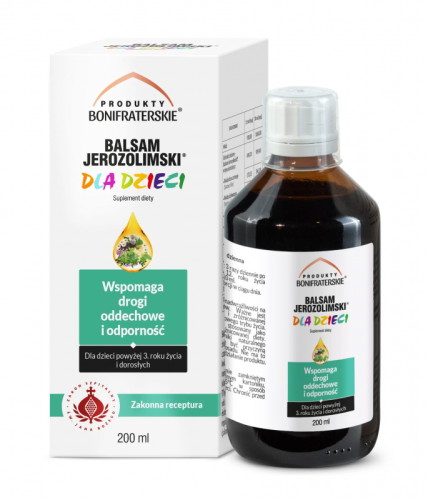 Syrop Balsam Jerozolimski dla dzieci. Butelka w ciemnobrązowym kolorze z biało zieloną etykietą , zawierająca nazwę  , zastosowanie oraz dla kogo przeznaczony jest syrop , a także producenta . Opakowanie o pojemności 200 ml.