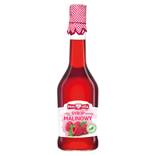 Syrop z malin 500 ml w szklanej butelce w kolorze biało-różowym o nazwie "Mój syrop domowy z malin". Na etykiecie są owoce malin. Nakrętka ozdobiona nadrukiem w czerwono-białą kratką, nawiązuje do domowych przetworów.
