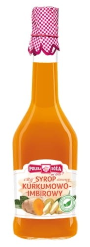 Syrop kurkumowo-imbirowy  500 ml w szklanej butelce w kolorze żółtym o nazwie "Mój syrop domowy kurkumowo-imbirowy" . Na etykiecie jest korzeń imbiru. Nakrętka ozdobiona nadrukiem w czerwono-białą kratkę, nawiązuje do domowych przetworów.