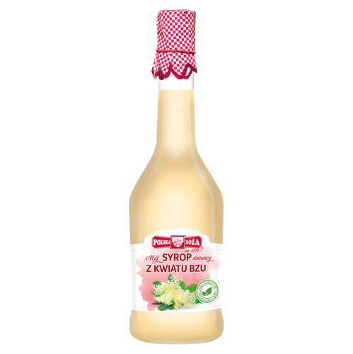 Syrop z kwiatu bzu 500 ml w szklanej butelce w kolorze jasnożółtym o nazwie "Mój syrop domowy z kwiatu bzu" . Na etykiecie jest biały kwiat bzu. Nakrętka ozdobiona nadrukiem w czerwono-białą kratkę, nawiązuje do domowych przetworów.