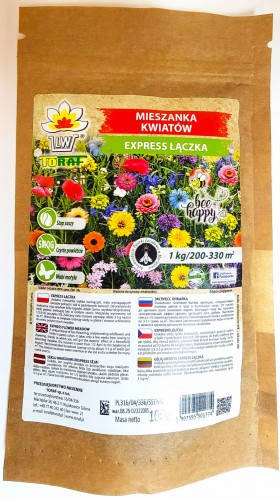 Mieszanka kwiatów express łączka, to mieszanka 30 odmian kwiatów. Zapakowana w opakowanie 100 gramowe, w naturalnym brązowym kolorze, z etykietą z kolorowymi kwiatami zwierającą nazwę, producenta oraz tłumaczeniem w 6 językach.