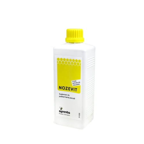 Nozevit  500 ml, preparat na nosemozę.  Preparat zapakowany w białą butelkę  z żółtym korkiem , z  żółtą etykietą  z nazwą produktu , opisem produktu oraz producentem.