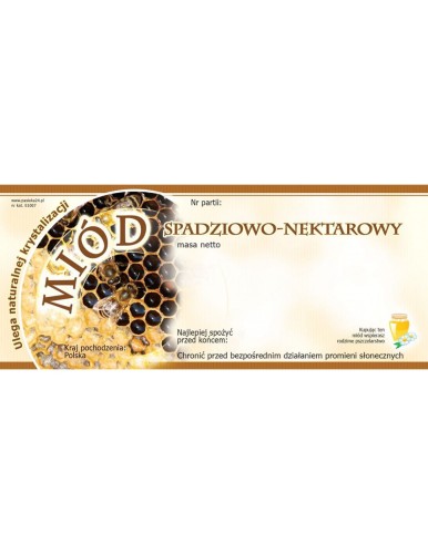 Prostokątna etykieta na miód spadziowo-nektarowy z brązowym obramowaniem i beżowym tłem, po prawej stronie wizerunek pszczoły na plastrze. Na etkiecie jest brązowy napis Miód spadziowo-nektarowy i informacje do uzupełnienia.