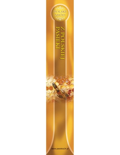Prostokątna złota banderola na słoik z motywem pszczół, z napisem Polski Miód z Polskiej Pasieki.