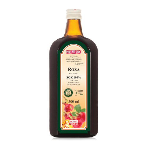 Polska Róża- Sok 100 % Róża. Szklana butelka z ciemnego szkła. Na etykiecie znajduje się informacja o naturalnym składzie, o pojemności 500 ml oraz grafiką przedstawiającą kwiat róży.