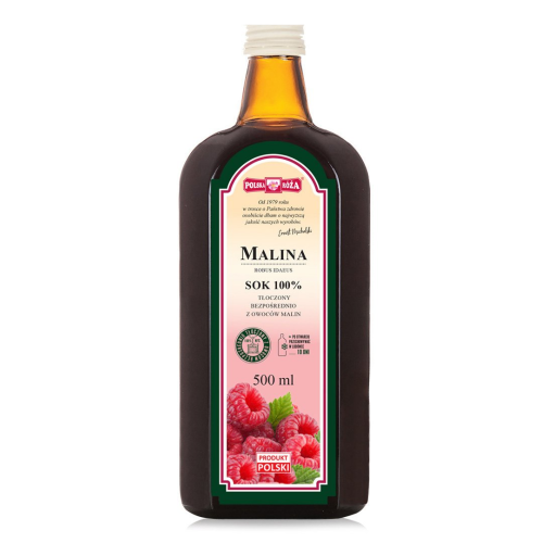 Polska Róża- Sok 100 % Malina. Szklana butelka z ciemnego szkła. Na etykiecie znajduje się informacja o naturalnym składzie, o pojemności 500 ml oraz grafiką przedstawiającą owoce malin.