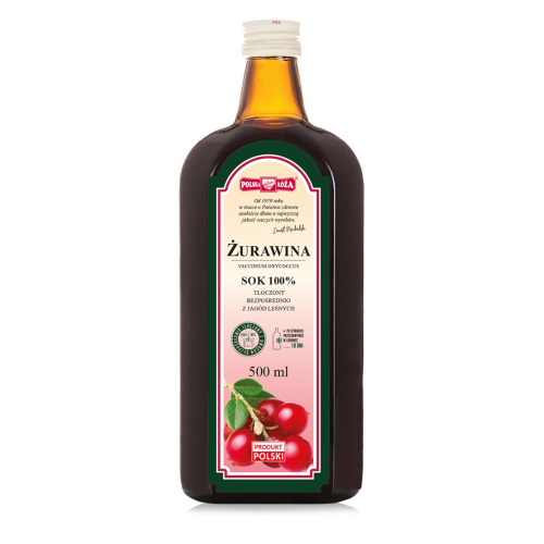 Polska Róża- Sok 100 % Żurawina. Szklana butelka z ciemnego szkła . Na etykiecie znajduje się informacja o naturalnym składzie, objętości 500 ml oraz grafika przedstawiająca owoce żurawiny.