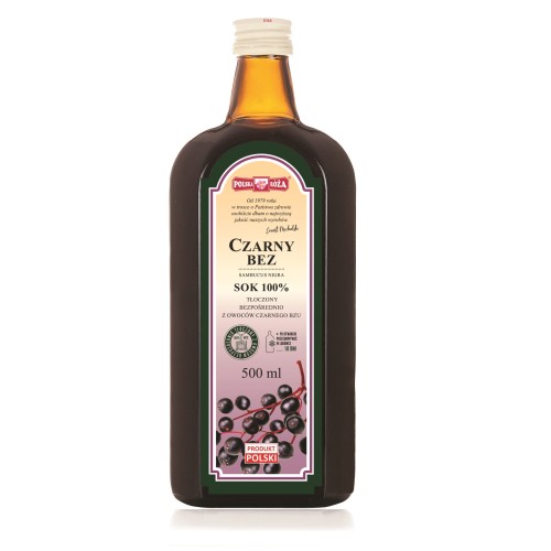 Polska Róża- Sok 100 % Czarny Bez. Szklana butelka z ciemnego szkła. Na etykiecie znajduje się informacja o naturalnym składzie, objętości 500 ml oraz grafika przedstawiająca owoce czarnego bzu.