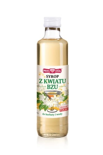 Polska Róża- Syrop z kwiatu bzu mały.  Butelka szklana o pojemności 250 ml. Etykieta jasno beżowa, z kieliszkiem i kwiatem bzu etykiecie. Syrop do wody i herbaty. Produkt POLSKI.