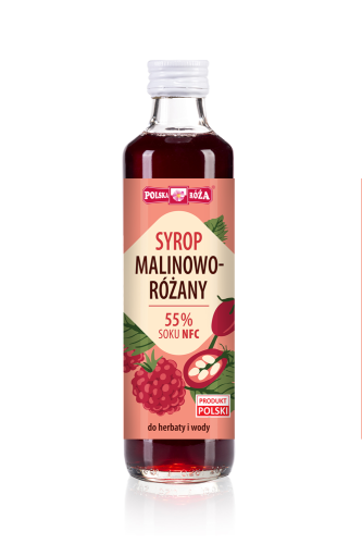 Polska Róża- Syrop Malinowo- Różany, 55 % soku NFC. Butelka szklana o pojemności 250 ml. Etykieta łososiowa- beżowa, z owocami malin i róży na etykiecie. Syrop do wody i herbaty.