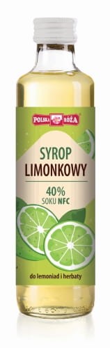 Polska Róża- Syrop Limonkowy, 40 % soku NFC. Butelka szklana o pojemności 250 ml. Etykieta zielono beżowa, z owocami limonki na etykiecie. Syrop do lemoniad i herbaty.