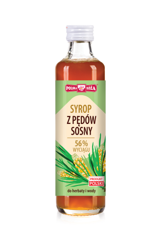 Polska Róża- Syrop z Pędów sosny, 56 % wyciągu. Butelka szklana o pojemności 250 ml. Etykieta zielono-beżowa, na której znajdują się zdjęcia pędów sosny. Syrop do wody i herbaty.