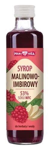 Polska Róża- Syrop Malinowo-Imbirowy, 53 % soku NFC. Butelka szklana o pojemności 250 ml. Etykieta różowo beżowa, z owocami malin i imbiru na etykiecie. Syrop do wody i herbaty.