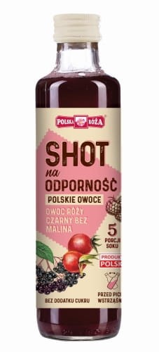 Polska Róża- Shot na odporność polskie owoce. Produkt zawiera wyciąg z: owoców róży czarnego bzu oraz maliny Nie zawiera cukrów. Butelka 250 ml. Etykieta w beżowo,różowa . Napisy w kolorze brązowym i biały. Zdjęcia owoców na etykiecie.