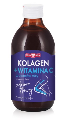 Kolagen z witaminą c z owoców różny - Zdrowe stawy. Kolagen zapakowany w ciemno brązowa butelkę o pojemności 250 ml. Posiada filetową  etykietę z biało niebieskimi napisami oraz wizerunkiem kolana. Etykieta zawiera porcjowanie produktu.