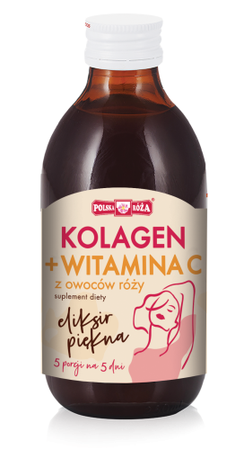 Kolagen z witaminą c z owoców różny - Eliksir piękna . Kolagen zapakowany w ciemno brązowa butelkę o pojemności 250 ml. Posiada beżową etykietę z różowo żółtymi napisami oraz wizerunkiem kobiety. Etykieta zawiera porcjowanie produktu.
