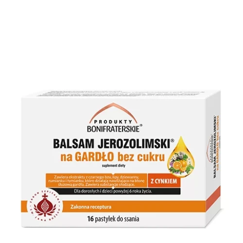 Produkty Bonifraterskie- Pastylko na gardło bez cukru, 16 pastylek, zapakowanych w biały kartonik z etykietą zawierającą wszelkie niezbędne dane: skład, dawkowanie oraz sposób użycia. Produkt zawiera cynk. Dla dorosłych i dzieci .
