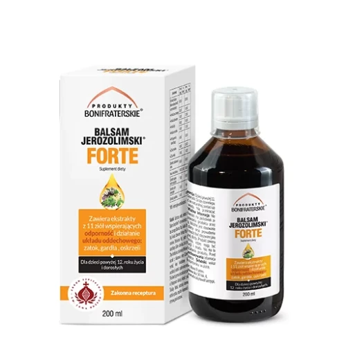 Produkty Bonifraterskie- syrop balsam jerozolimski Forte . To zestaw 11 ziół wspierających odporność i działanie układu oddechowy, zatoki, gardło oraz krtań. Produkt w ciemno brązowej butelce, zapakowany  w biały kartonik, z apteczna grafiką.
