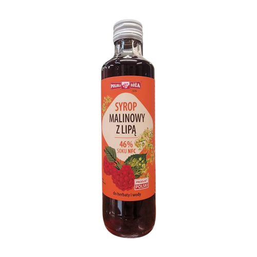 Syrop malinowy z lipą 250 ml. Producent Polska Róża. Etykieta na butelce w kolorze pomarańczowym. Na etykiecie owoce maliny oraz kwiaty bzu. Syrop do herbaty i wody.