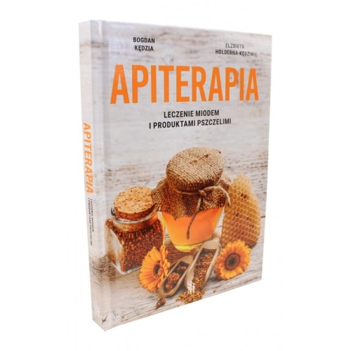 Książka "Apiterapia leczenie miodem i produktami pszczelimi" autora B. Kędzia, E.Hołdera-Kędzia. Okładka  jasno-szara  z  słoikiem miodu, słoikiem z pyłkiem pszczelim i kawałkiem plastra w otoczeniu kwiatów a obok dwa czerpaki z pyłkiem pszczelim.