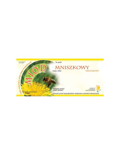 Prostokątna etykieta z czerwonym napisem miód mniszkowy. Etykieta posiada żółte obramowanie oraz delikatnie kremowe tło, po lewej stronie jest pszczoła na zielonym tle i mniszkiem lekarskim. Na etykiecie znajdują się puste informacje do uzupełnienia.