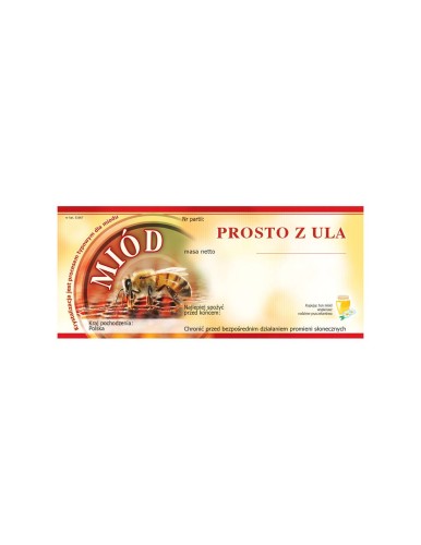 Prostokątna etykieta prosto z ula z czerwonym obramowaniem oraz delikatnie pomarańczowym tłem, po lewej stronie pszczoła na czerwonym tle. Etykieta z napisem miód (czerwony) prosto z ula (brązowy) i informacjami do uzupełnienia.