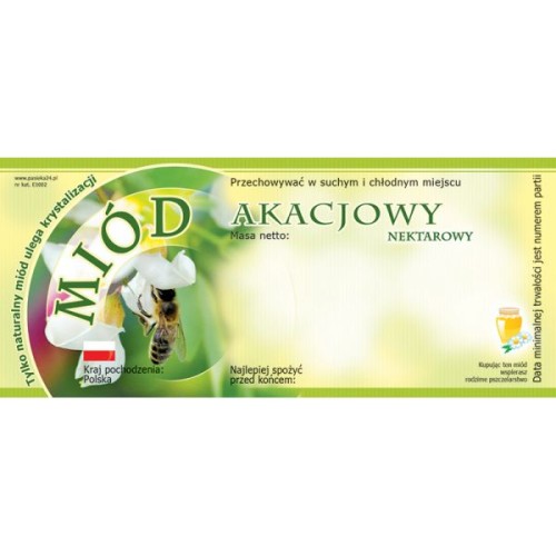 Prostokątna etykieta na miód akacjowy z zielonymi obramówkami i z jasno zielonym tłem, po lewej stronie znajduje się wizerunek pszczoły zbierającej pyłek z kwiatów akacji. Na etykiecie są informacje do uzupełnienia .jpg