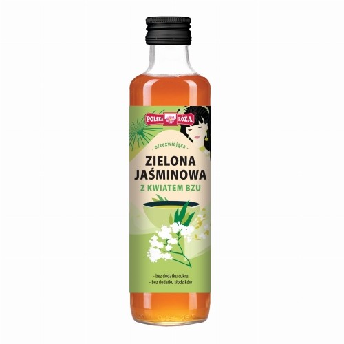 Butelka herbaty zielonej jaśminowej z kwiatem bzu z jasno zieloną etykietą oraz rysunkiem kobiety w japońskim oraz kwiatami bzu. Pojemność 250 ml.