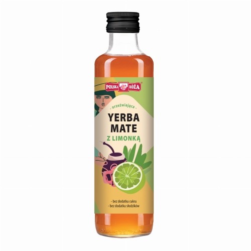 Butelka herbaty yerba mate z limonką o jasno zielonej etykiecie oraz rysunkiem kobiety  i bombilly i limonki. Pojemność 250 ml.