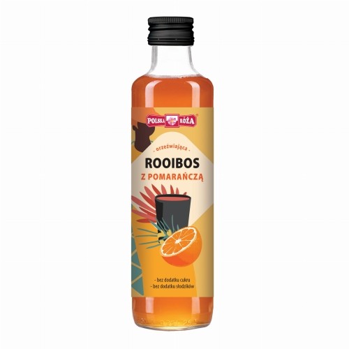 Butelka z herbatą rooibos z pomarańczą o pomarańczowej etykiecie oraz rysunkiem kobiety, kubka  z rooibosem oraz połówką pomarańczy. Pojemność 250 ml.