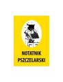 Notatnik pszczelarski o żółtej okładce z grafiką pszczelarza podczas pracy. Notatnik jest kołozeszytem.