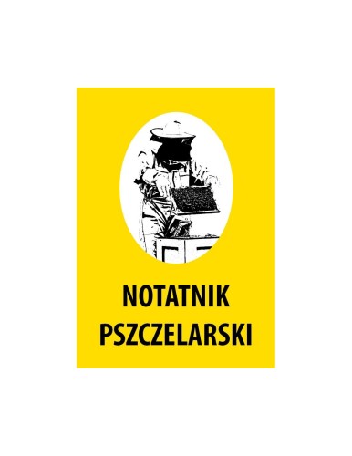 Notatnik pszczelarski o żółtej okładce z grafiką pszczelarza podczas pracy. Notatnik jest kołozeszytem.