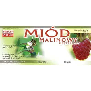 Etykieta na miód malinowy o lekko zielonkawym tle, po lewej stronie jest wizerunek dwóch pszczół umieszczonych na kwiecie maliny, a po prawej owoc maliny. Na etykiecie jest bordowy napis miód malinowy nektarowy i informacje do uzupełnienia