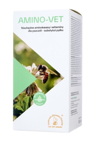 Opakowanie Amino-Vet 500ml, które utrzymane jest w kolorze białym z zieloną wstawką i napisem produktu. Dodatkowo widać na opakowaniu grafikę pszczoły na kwiecie.