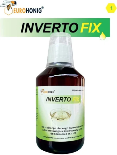 Preparat Inverofix w butelce plastikowej w kolorze ciemnym. Etykieta produktu jest jasno zielona z informacjami o produkcie oraz nazwą. Całość umieszczona została na białym tle z napisem powyżej butelki o pojemności 250 ml.