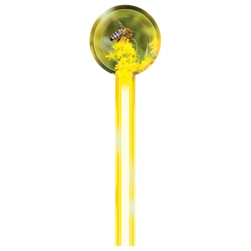 Okrągła banderola na słoik, w zielonym kolorze z motywem pszczoły i żółtego kwiata. Prostokątna nóżka jest w kolorze żółtym.