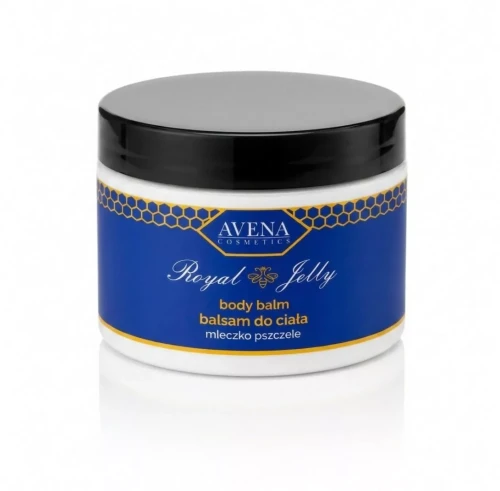 Royal Jelly balsam do Ciała 300 g z mleczkiem pszczelim. Niebiesko-białe pudełko z białymi napisami oraz czarną zakrętką. Na tubce producent, nazwa produktu, skład oraz wzorek heksagonalnych, żółtych komórek z grafiką pszczoły.