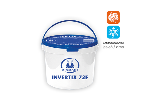 Wiadro 15 kg z syropem Invertix 72F dla pszczół, Wiadro z syropem jest w kolorze białym z niebieskim wieczkiem. Po prawej stronie jest symbol liścia na pomarańczowym tle oraz śnieżynki na niebieskim tle.