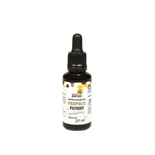 Propolis forte 10% 30ml krople bez alkoholu firmy Sądecki Bartnik. Szklana butelka w kolorze ciemnym z kroplomierzem. Etykieta jest w kolorze białym z niezbędnymi informacjami o produkcie.