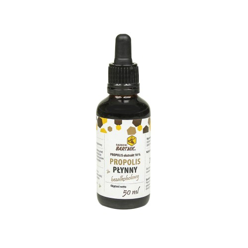 Propolis forte 10% 50ml krople bez alkoholu firmy Sądecki Bartnik. Szklana butelka w kolorze ciemnym z kroplomierzem. Etykieta jest w kolorze białym z niezbędnymi informacjami o produkcie.